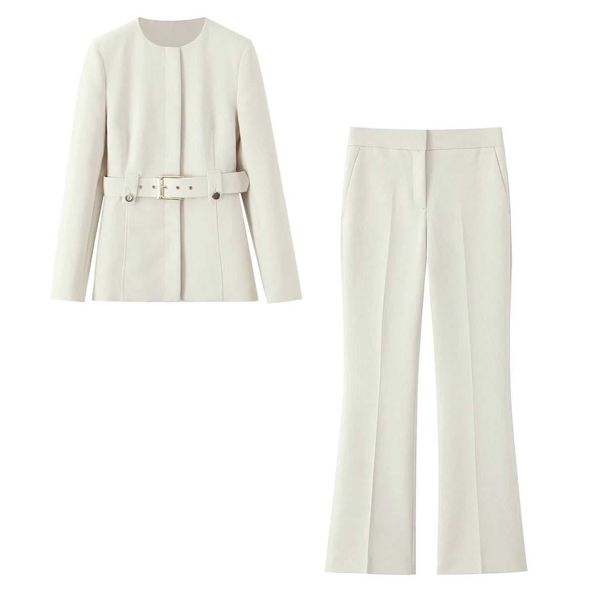 EDSA Women Beige Pants Set O-Neck Blazer Jacket