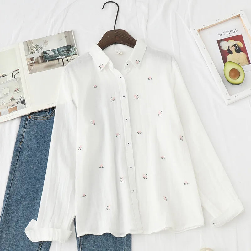 Spring Autumn New Fresh Cotton Yarn Ladies Long Sleeve Shirt
