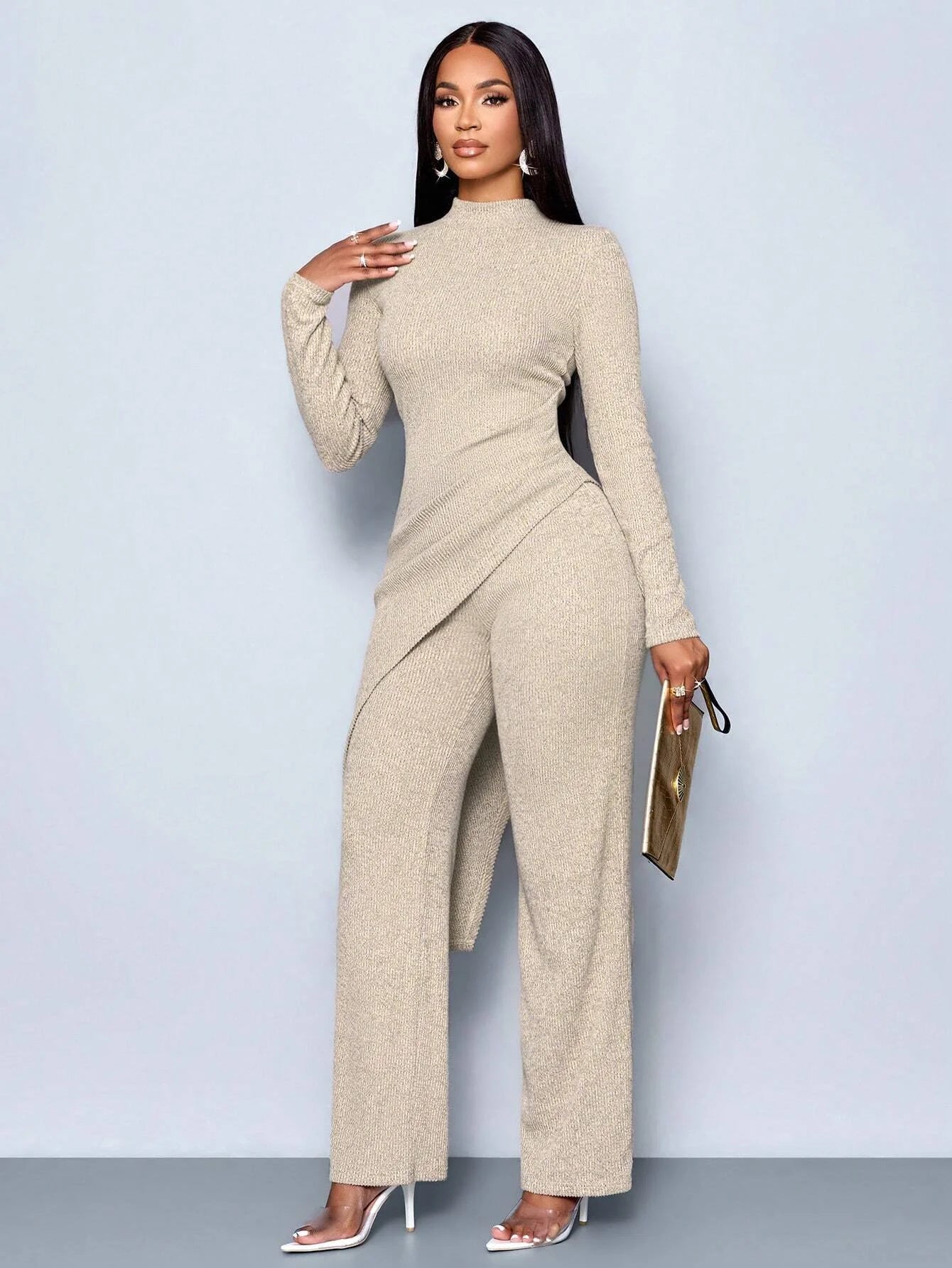 Women's Autumn/Winter Elegant Asymmetric High-neck T-shirt and Pants Set