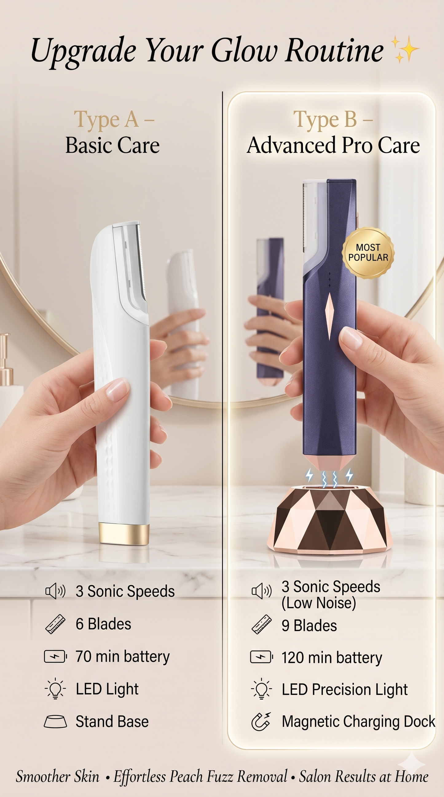 Sonic Lighted Electric Razor Shaver for Eyebrow Facial Hair Removal, Flawless Dermaplaning Tool with 6 Replacement Blades