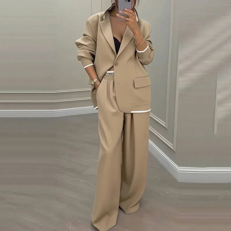 Chic Solid Color Suit Long Pants Set