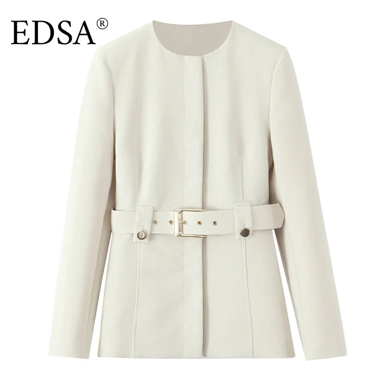 EDSA Women Beige Pants Set O-Neck Blazer Jacket