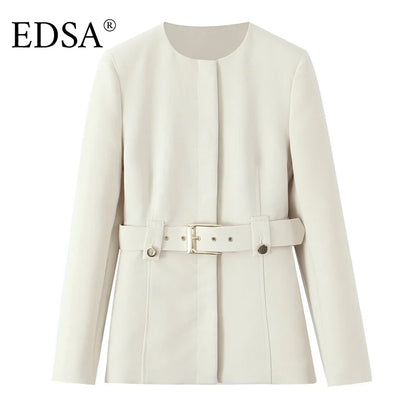 EDSA Women Beige Pants Set O-Neck Blazer Jacket
