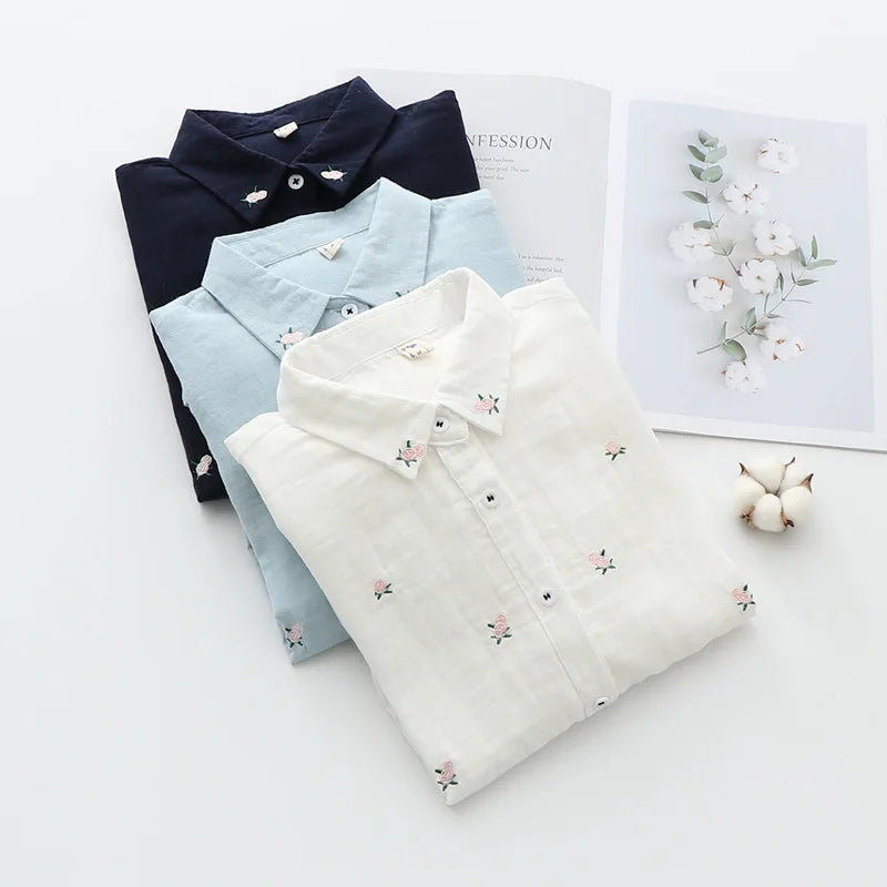 Spring Autumn New Fresh Cotton Yarn Ladies Long Sleeve Shirt
