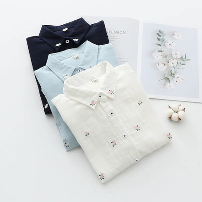 Spring Autumn New Fresh Cotton Yarn Ladies Long Sleeve Shirt