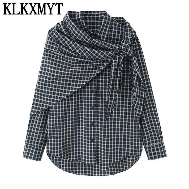 Plaid Irregular Patchwork Bow Shirts