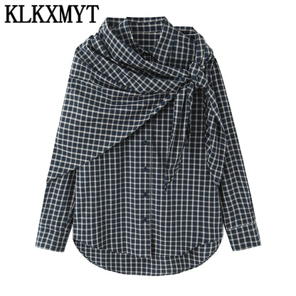 Plaid Irregular Patchwork Bow Shirts