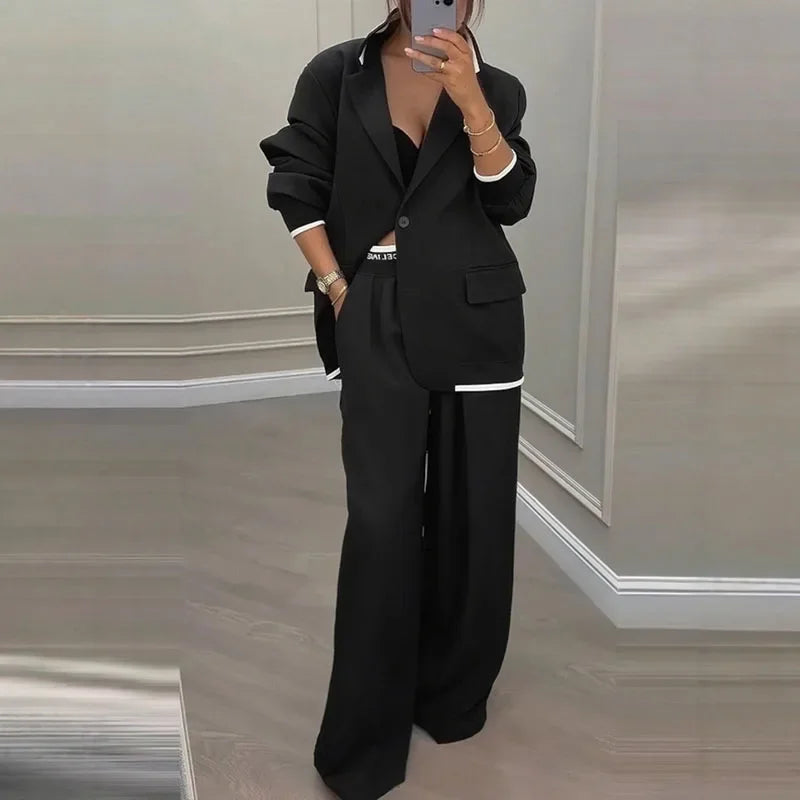 Chic Solid Color Suit Long Pants Set