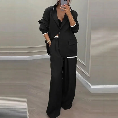 Chic Solid Color Suit Long Pants Set