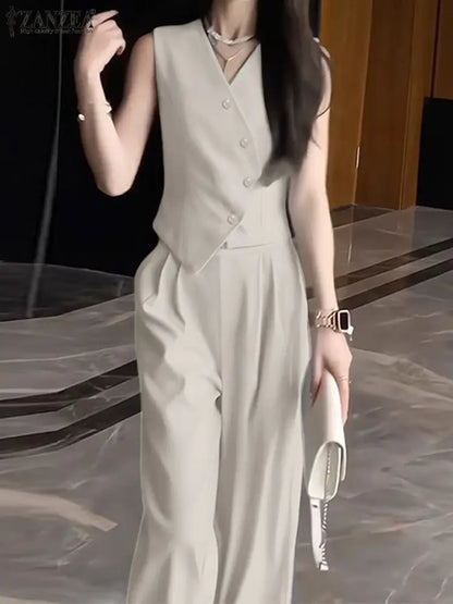 ZANZEA Elegant Summer Sleeveless Tops Wide Leg Trousers 2 Piece Sets