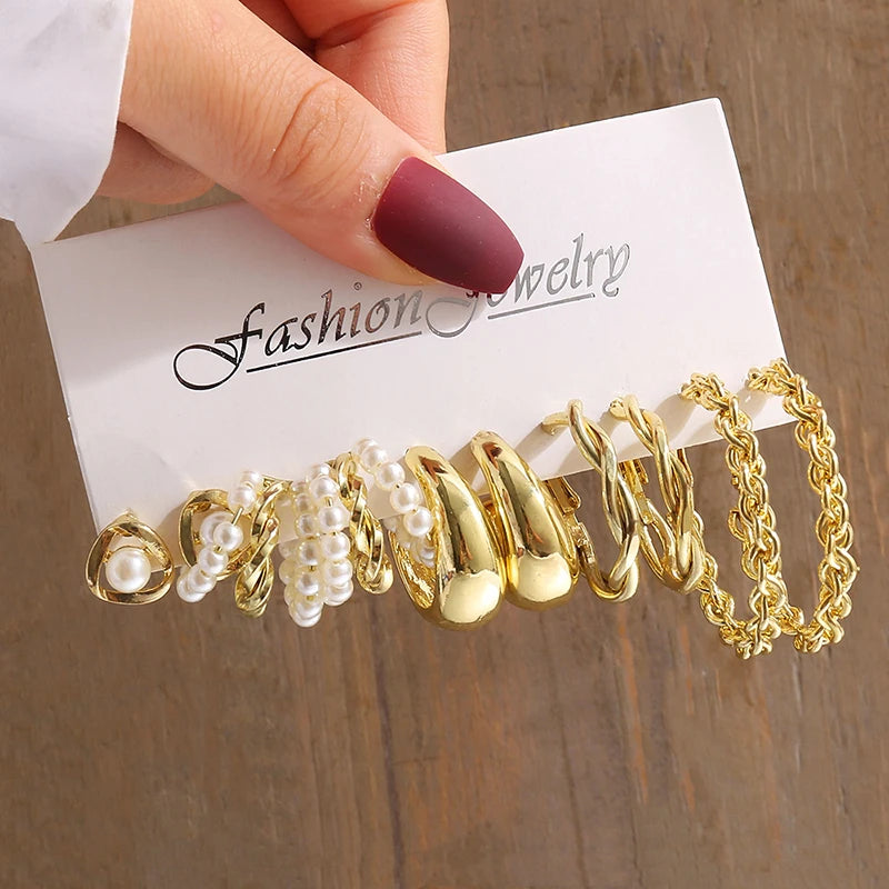 Gold Color Vintage Geometry Pearl Earrings