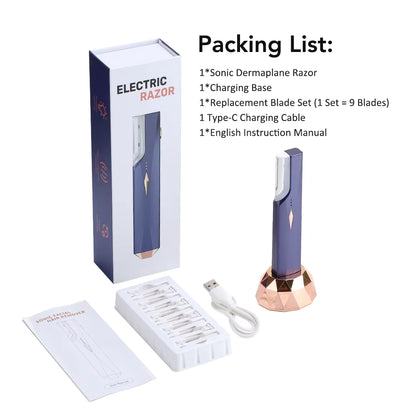 Sonic Lighted Electric Razor Shaver for Eyebrow Facial Hair Removal, Flawless Dermaplaning Tool with 6 Replacement Blades