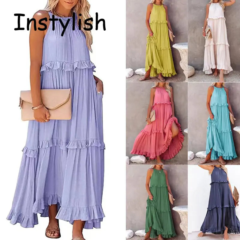 Women Casual Solid Ruffles Long Dress