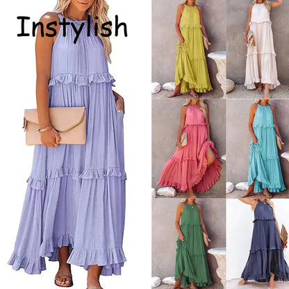 Women Casual Solid Ruffles Long Dress