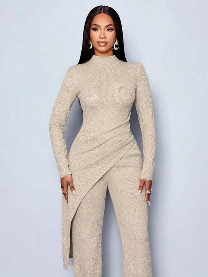 Women's Autumn/Winter Elegant Asymmetric High-neck T-shirt and Pants Set