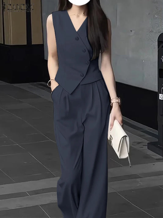 ZANZEA Elegant Summer Sleeveless Tops Wide Leg Trousers 2 Piece Sets