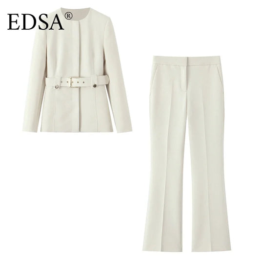 EDSA Women Beige Pants Set O-Neck Blazer Jacket