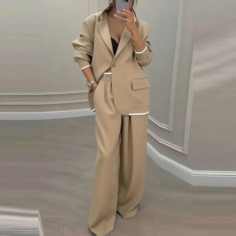 Chic Solid Color Suit Long Pants Set