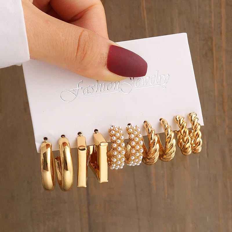 Gold Color Vintage Geometry Pearl Earrings