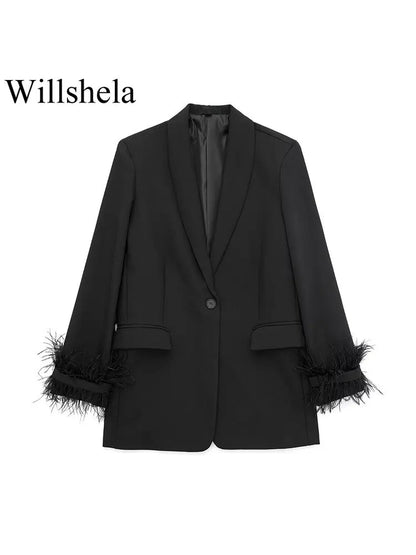 Willshela Women Fashion Satin Black With Feather Blazer Jacket Vintage Notched Neck Single Button Long Sleeves Female Outfits