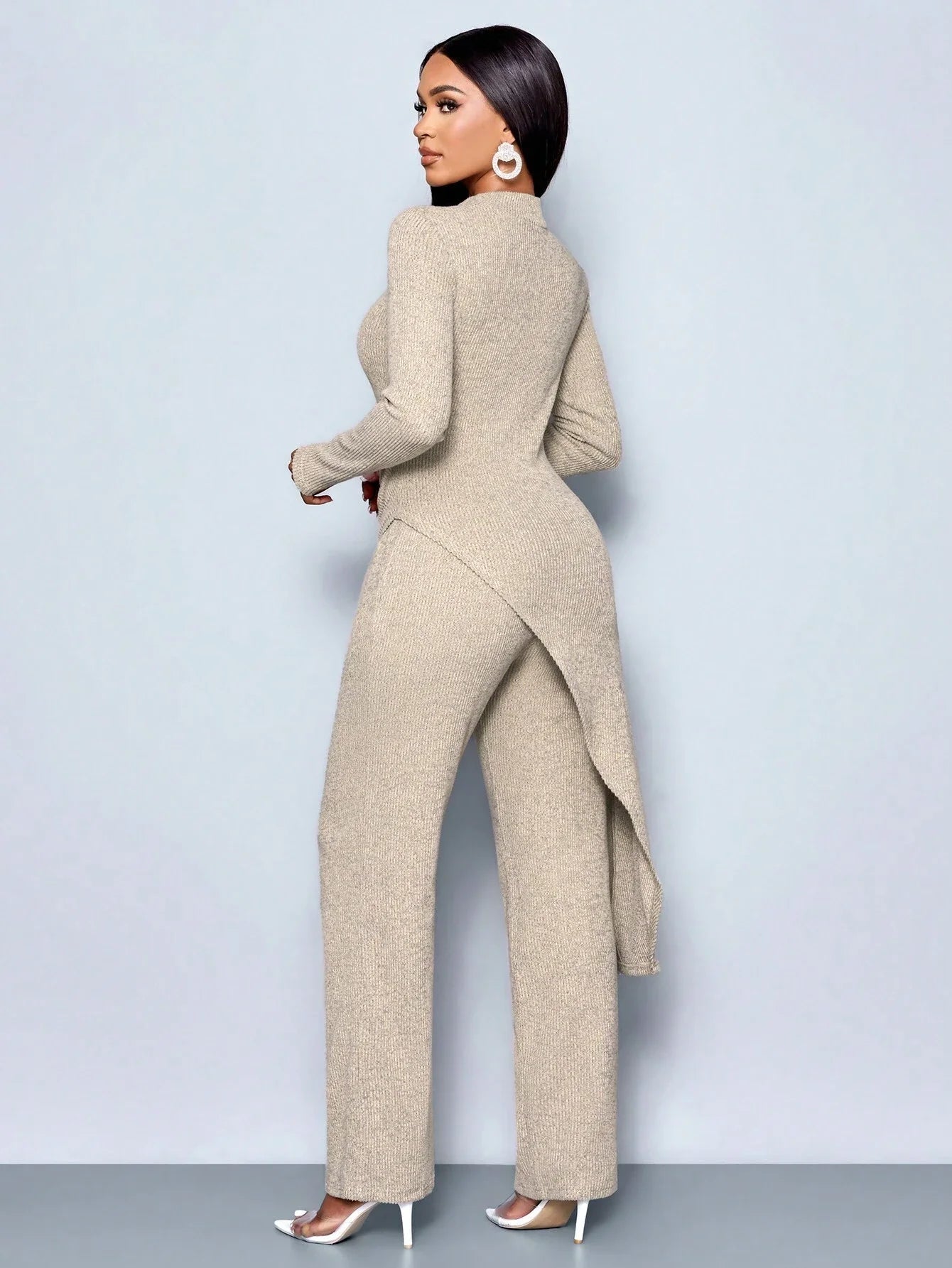 Women's Autumn/Winter Elegant Asymmetric High-neck T-shirt and Pants Set