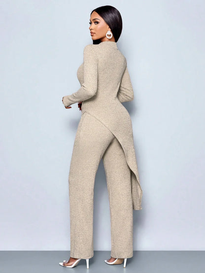Women's Autumn/Winter Elegant Asymmetric High-neck T-shirt and Pants Set