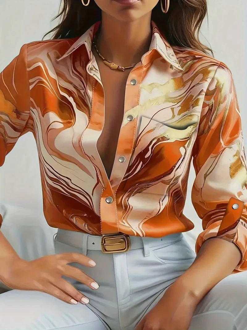 Women Print V-Neck Button Long Sleeve Shirt