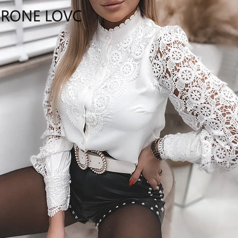 White Elegant Lace Hollow Out Women Blouse