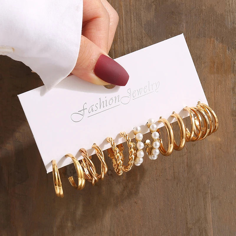 Gold Color Vintage Geometry Pearl Earrings