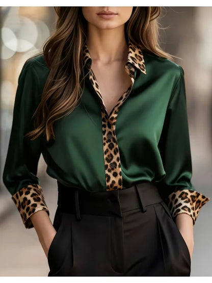 Elegant Long Sleeve Button Down Shirt with Leopard Print Collar, Cuffs & Placket, Loose Fit Blouse Tops