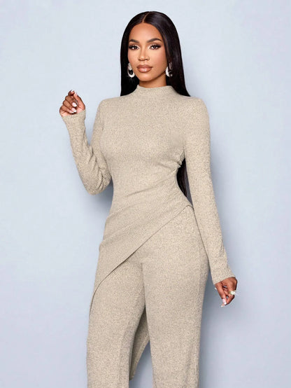 Women's Autumn/Winter Elegant Asymmetric High-neck T-shirt and Pants Set