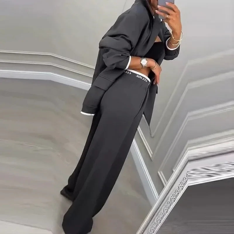 Chic Solid Color Suit Long Pants Set