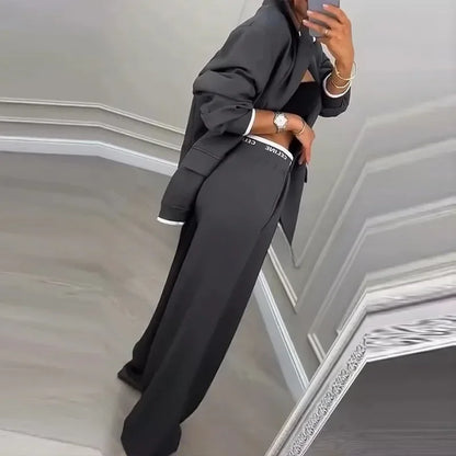 Chic Solid Color Suit Long Pants Set