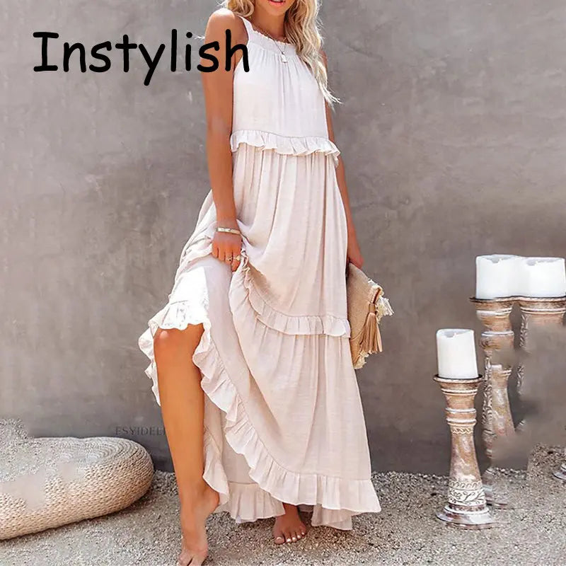 Women Casual Solid Ruffles Long Dress