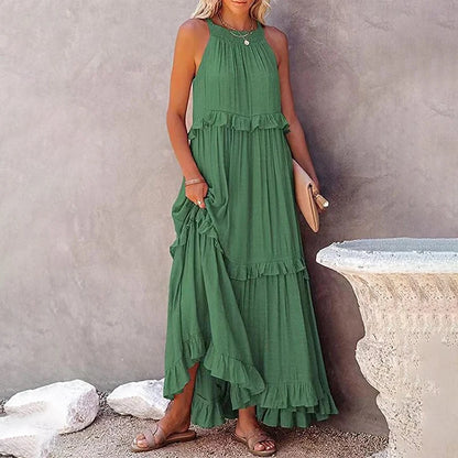 Women Casual Solid Ruffles Long Dress