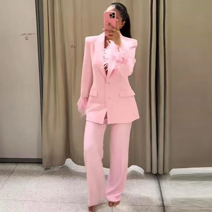 HXAO Woman 2026 Pink Feather Pant Sets