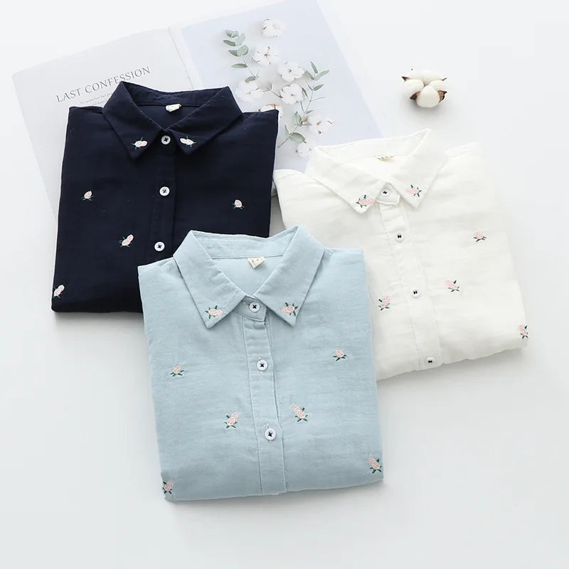 Spring Autumn New Fresh Cotton Yarn Ladies Long Sleeve Shirt
