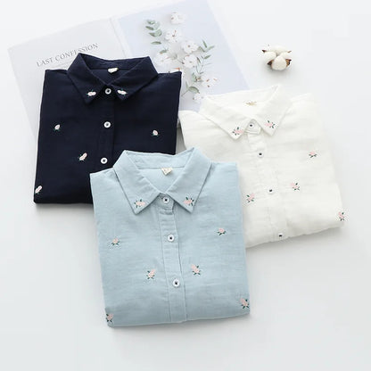 Spring Autumn New Fresh Cotton Yarn Ladies Long Sleeve Shirt