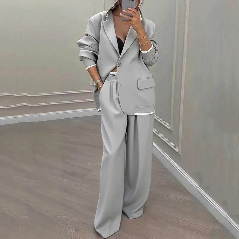 Chic Solid Color Suit Long Pants Set