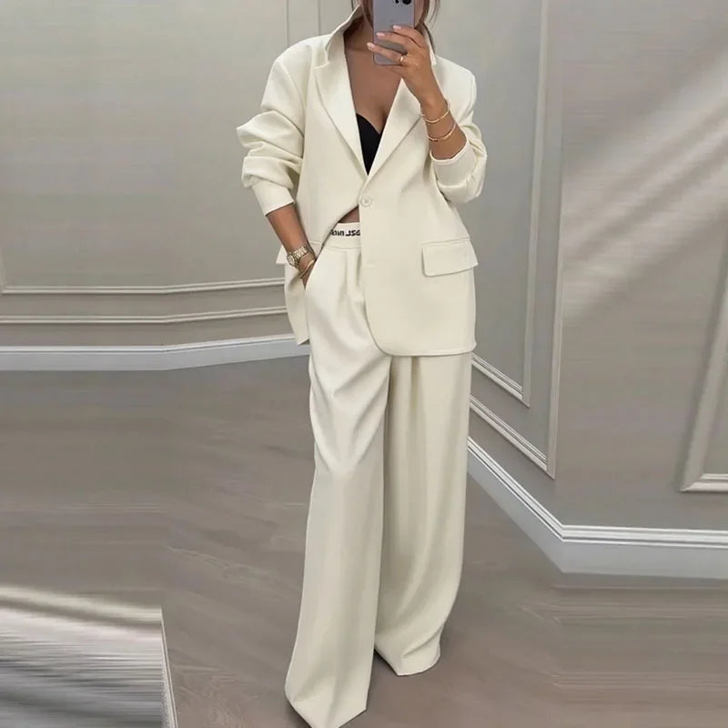 Chic Solid Color Suit Long Pants Set