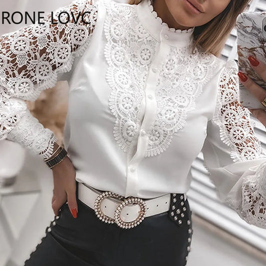 White Elegant Lace Hollow Out Women Blouse