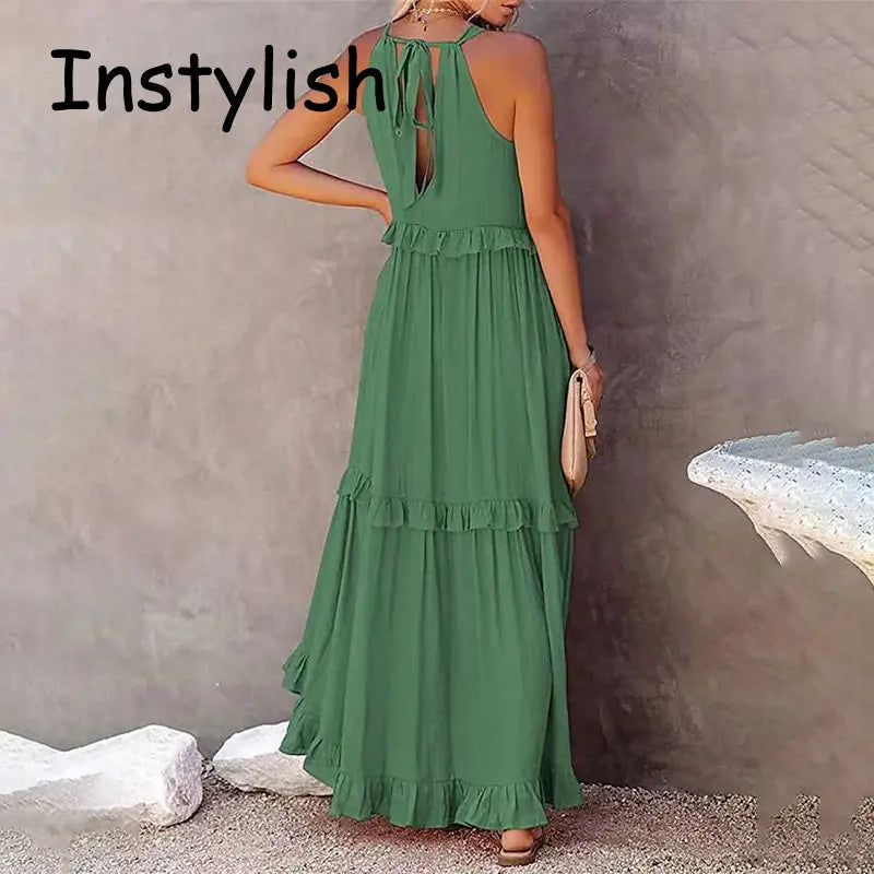 Women Casual Solid Ruffles Long Dress