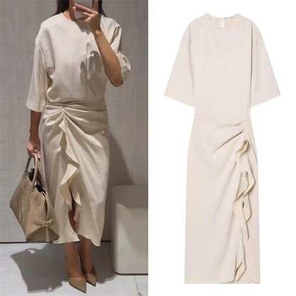 Women's Dress New Pleated Slit Midi Dress Spring Sexy Elegant Women's Long Dress
