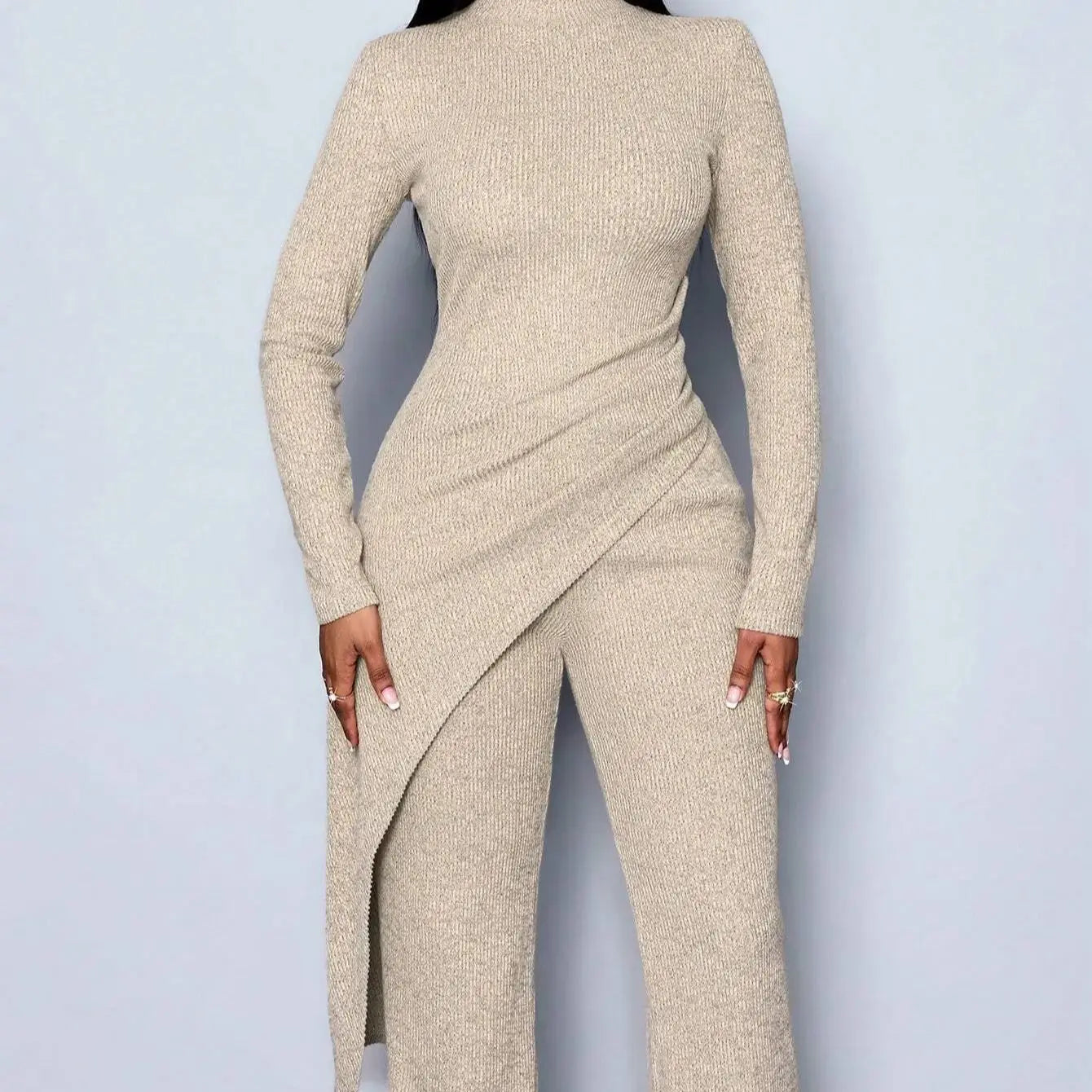 Women's Autumn/Winter Elegant Asymmetric High-neck T-shirt and Pants Set