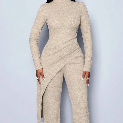 Women's Autumn/Winter Elegant Asymmetric High-neck T-shirt and Pants Set