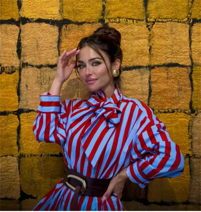 Women New Female Chic Blouse Women's Loose Fit Striped Shirt
