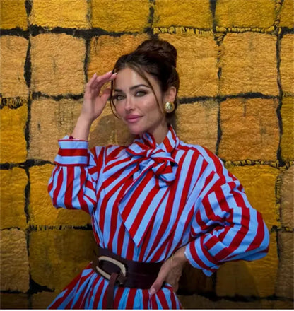 Women New Female Chic Blouse Women's Loose Fit Striped Shirt