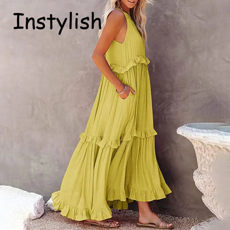 Women Casual Solid Ruffles Long Dress