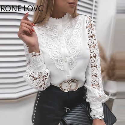 White Elegant Lace Hollow Out Women Blouse