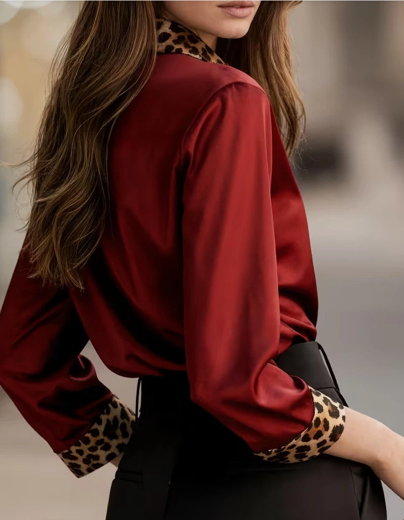 Elegant Long Sleeve Button Down Shirt with Leopard Print Collar, Cuffs & Placket, Loose Fit Blouse Tops